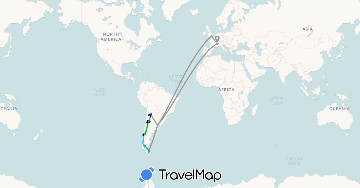 TravelMap itinerary: driving, bus, plane, hiking, boat in Argentina, Switzerland, Chile, Spain, United Kingdom (Europe, South America)